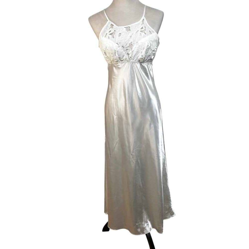 Flora Nikrooz Ivory Satin Maxi Slip Dress Lace Bust Bias Cut Bridalcore Y2K | Sm